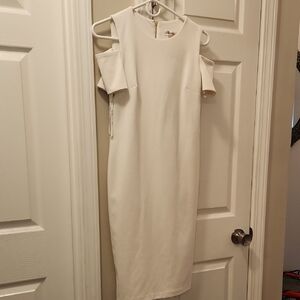 Calvin Klein Collection Cream Cold-Shoulder Midi Dress